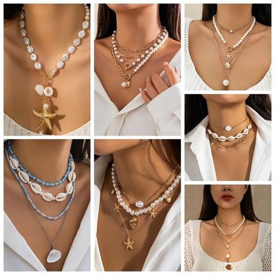 Pendant Conch Clavicle Chain Pearl Starfish Choker Vintage Shell Multilayer Necklace  Women