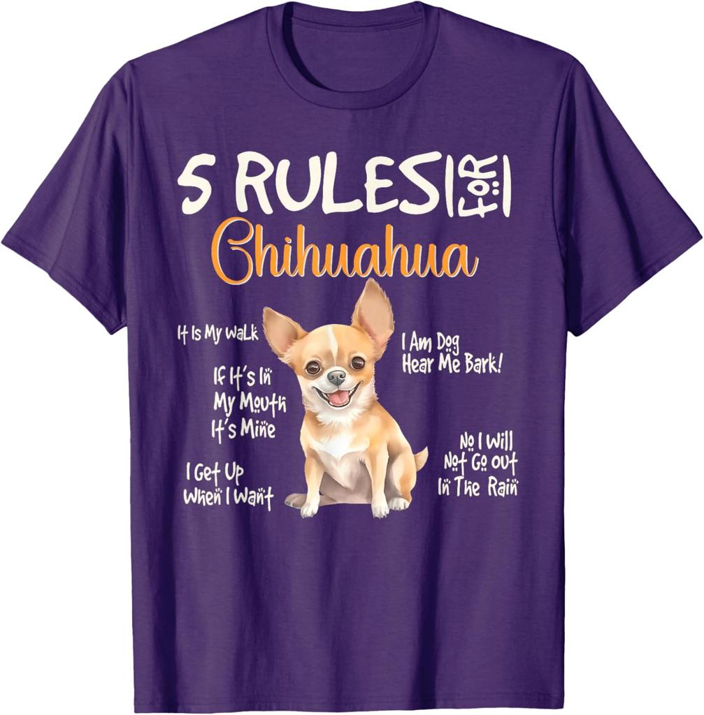 5 Rules Chihuahua T-Shirt Funny Dog Lover Owners Graphic Tee Breathable Cotton Crew Neck Casual Gift