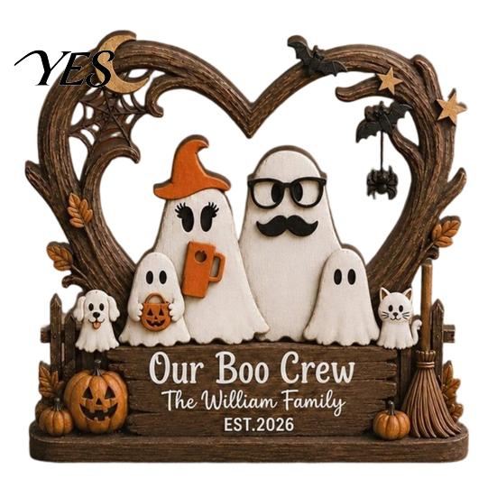 Decorative Wooden Plaques Halloween Ghost Family Plaque, Pumpkin Couple Tabletop Sign, Retro Style Holiday Props Farmhouse Home Ornament for