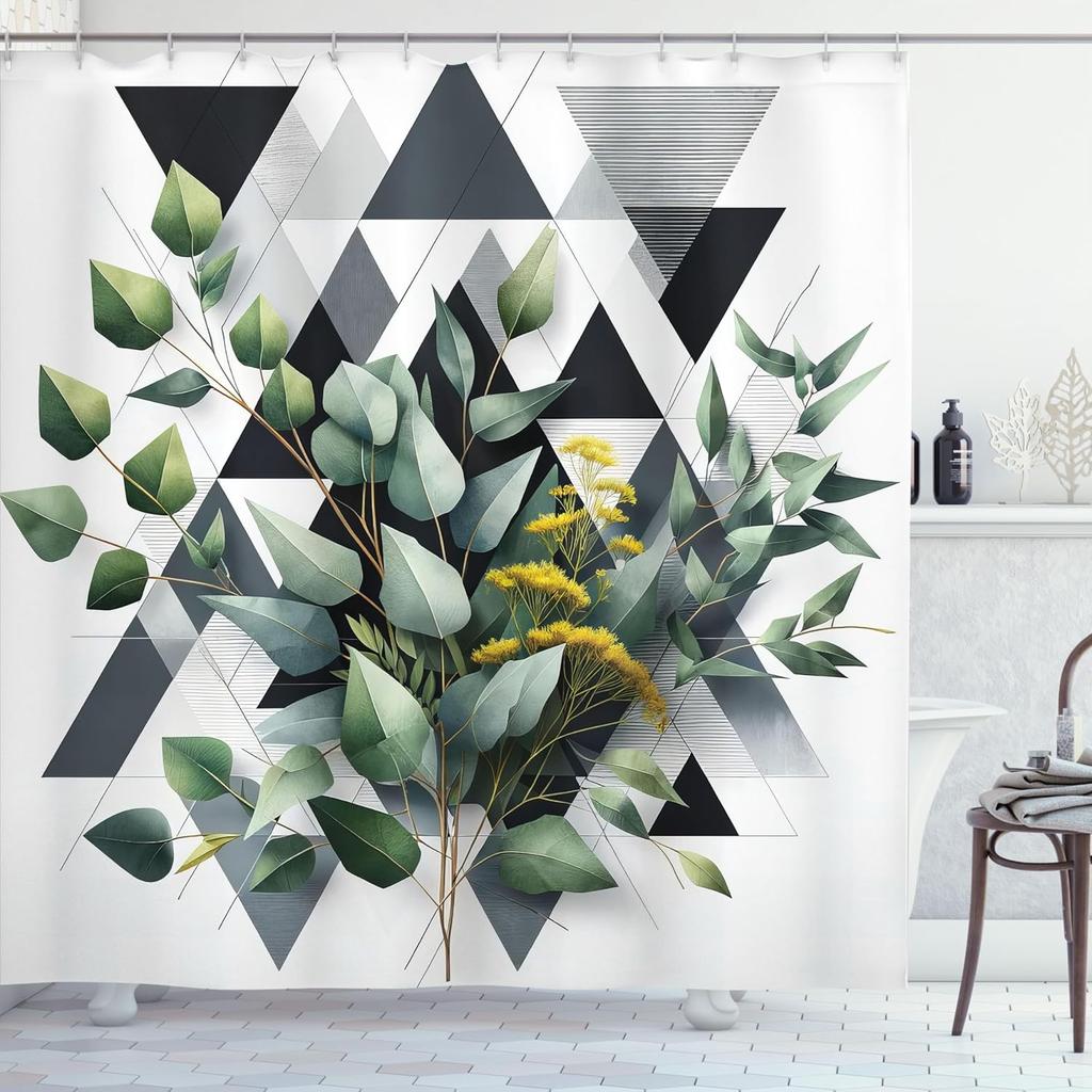Eucalyptus Leaves Shower Curtain, Meadow Bouquet Boho Leaf Print On Modern Triangular Shapes, Cloth Fabric Bathroom De