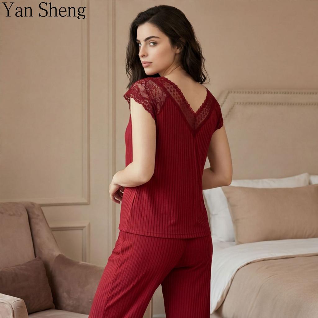Women Milk Silk Pajama Set Lace Short Sleeve Pants Summer Outwear Home Loungewear Two Piece Set