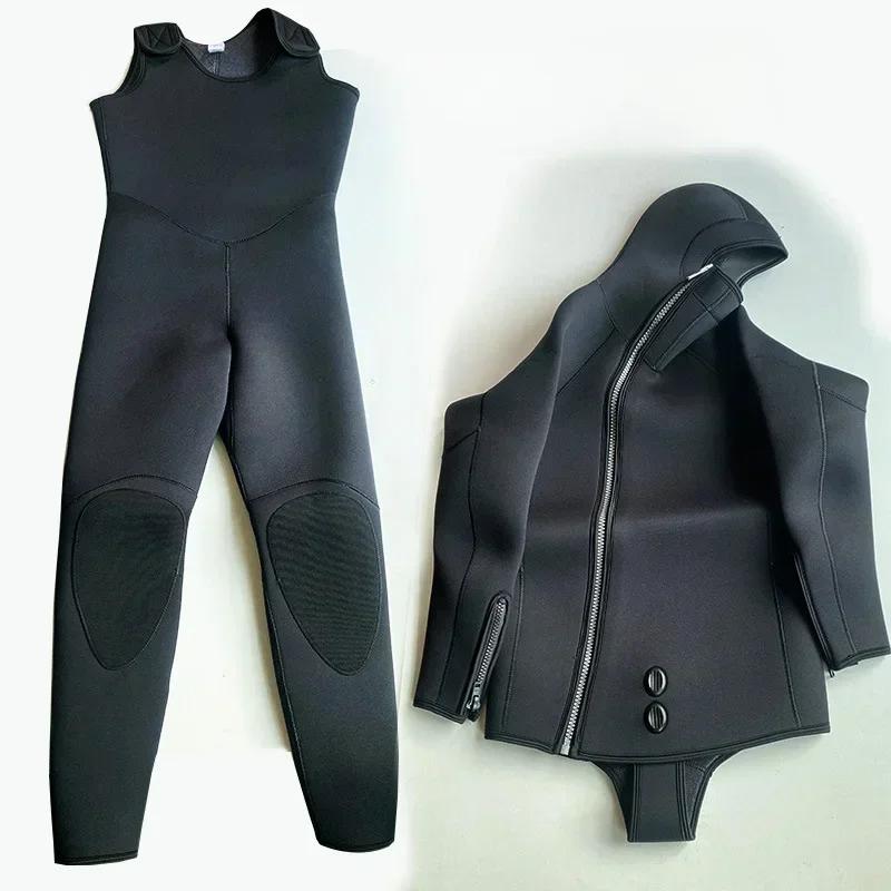 Men's 7mm Neoprene Wetsuit 2 Pieces Scauba Diving Spearfishing Suit Wetsuits Hoodie Black,Blind Sewing Diving Suit