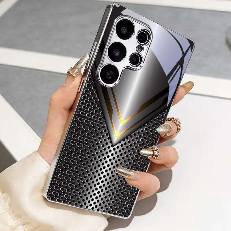 Metal V‑Shape Perforated Tech Electroplated Silver Phone Case For Samsung A31 A51 A71 A12 A22 A32 A42 A52 A06 A16 A17 A37 Cover