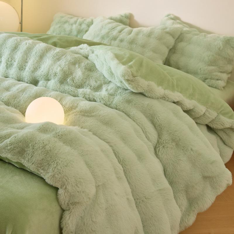 Rabbit Fleece Four-Piece Light Luxury Thickened Milk Fleece Bed Warm Double-Sided Fleece Quilt Cover Mattress Model