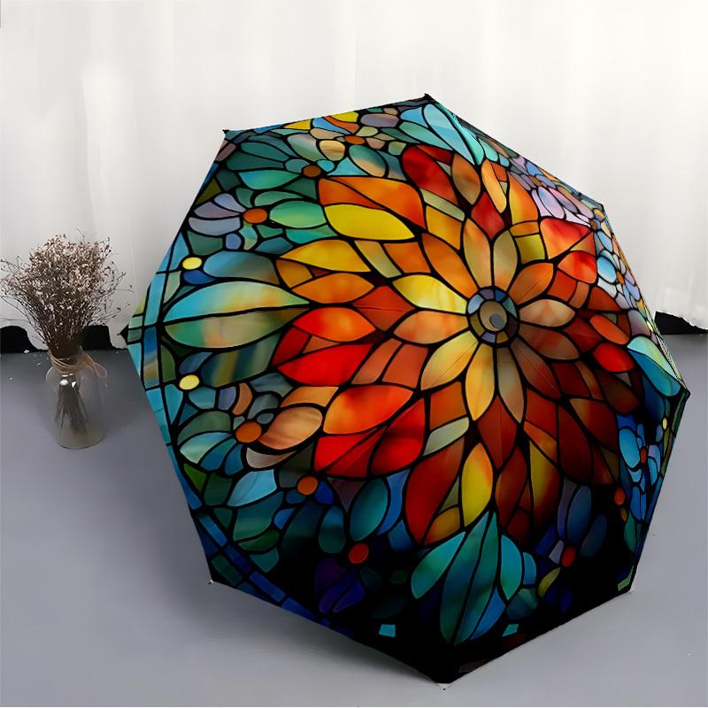 1pc Stained Glass Mandala Compact Travel Umbrella, Automatic Folding Lightweight Windproof 8-Bone Reinforced Design, Portable for Backpack D