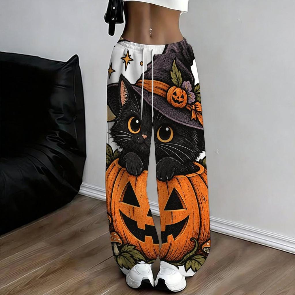 Women Plus Size Loose Straight Leg Pants Halloween Cartoon Duck Printed Full Length Casual Trousers