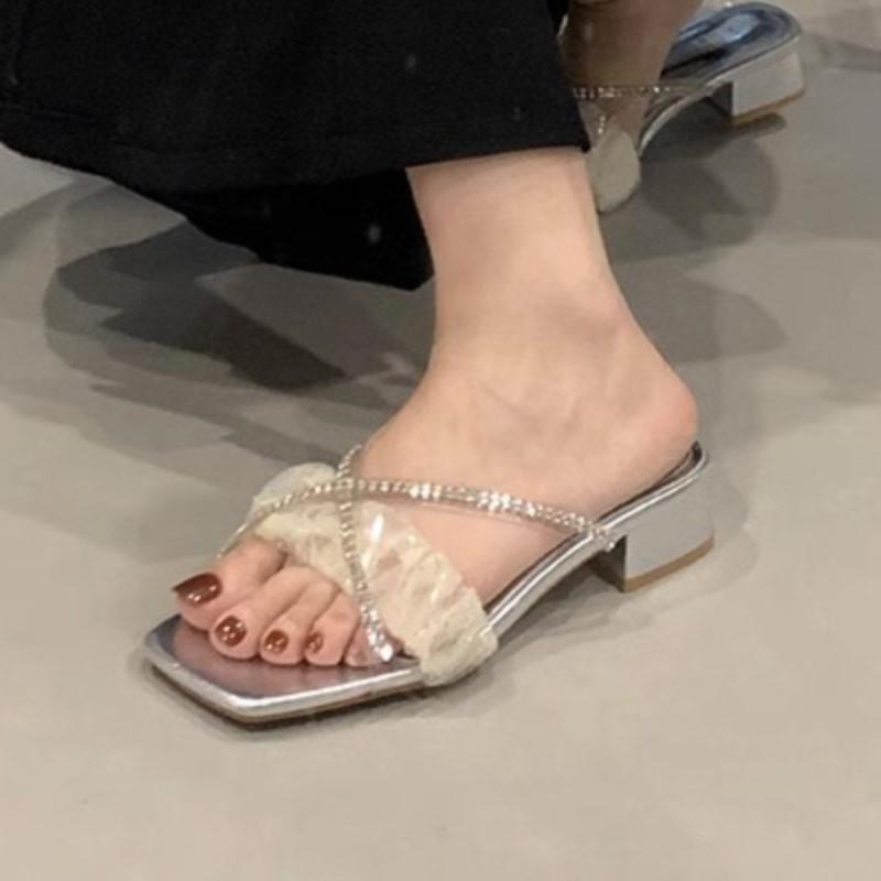 Fashion Women's Silver Rhinestone Heeled Slides 2025 Summer Glitter Sandals Comfortable Outdoor Dressy Casual Beach Shoes Fashion Trendy