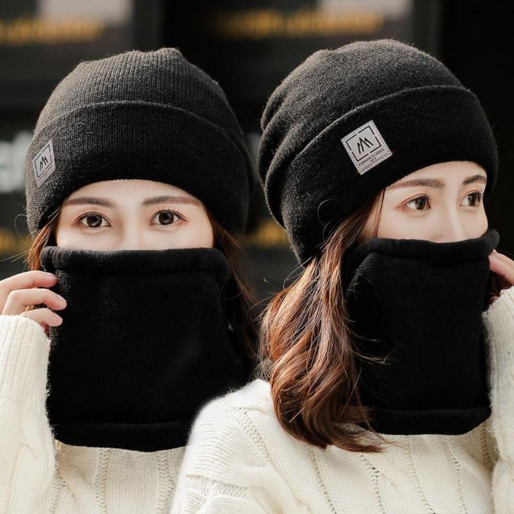 Thicken Plus Velvet Scarf Warm Knit Hat Cold-proof Neck Cover Solid Color Beanies Caps  Mens Womens