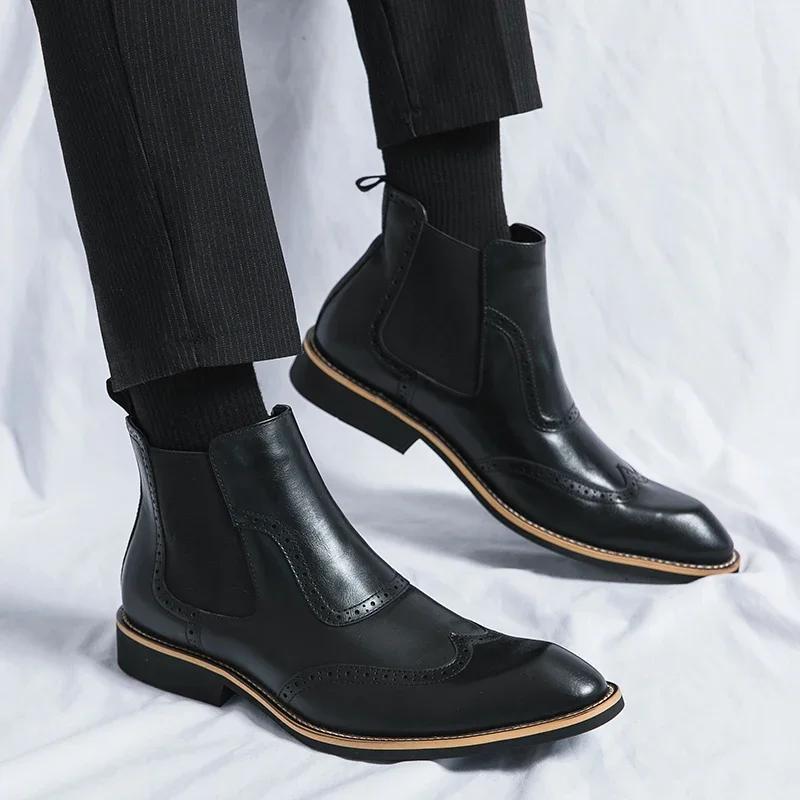 Fashion High Quality Chelsea Boots Leather Party Oxford Men Shoes Dress Shoes Men Yuppie Formal Boots For Men Classic Brogue Social Shoe