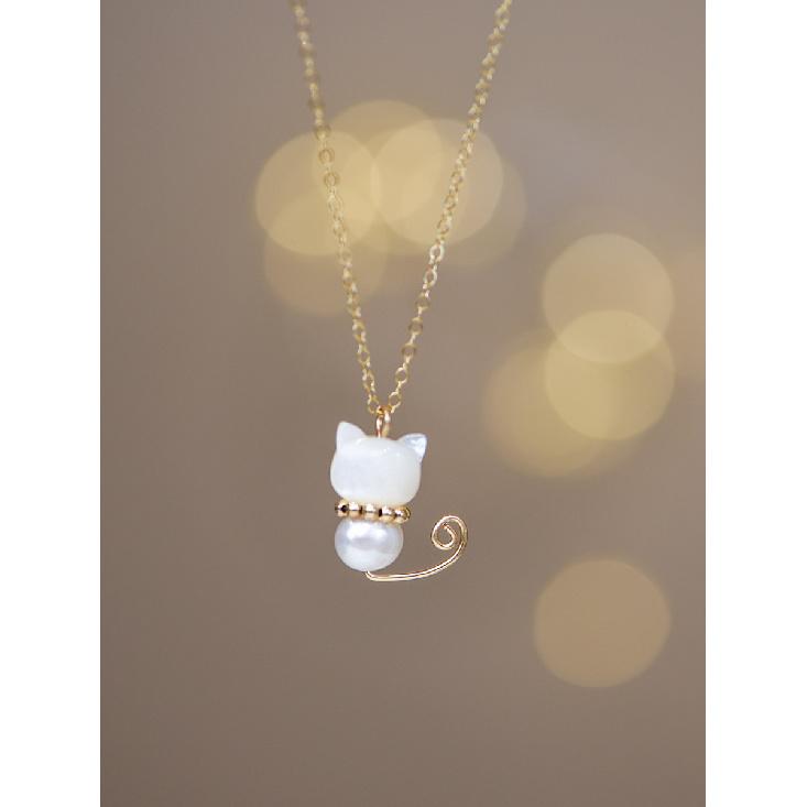 Lazy Cat Natural Hetian Jade Niche Freshwater Pearl Necklace14K Gold-plated necklace, collarbone chain for women, light luxury style