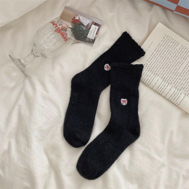 Thickened Point Yarn Australian Velvet Warm Socks Bow Embroidery Korean Sweet Pile Socks