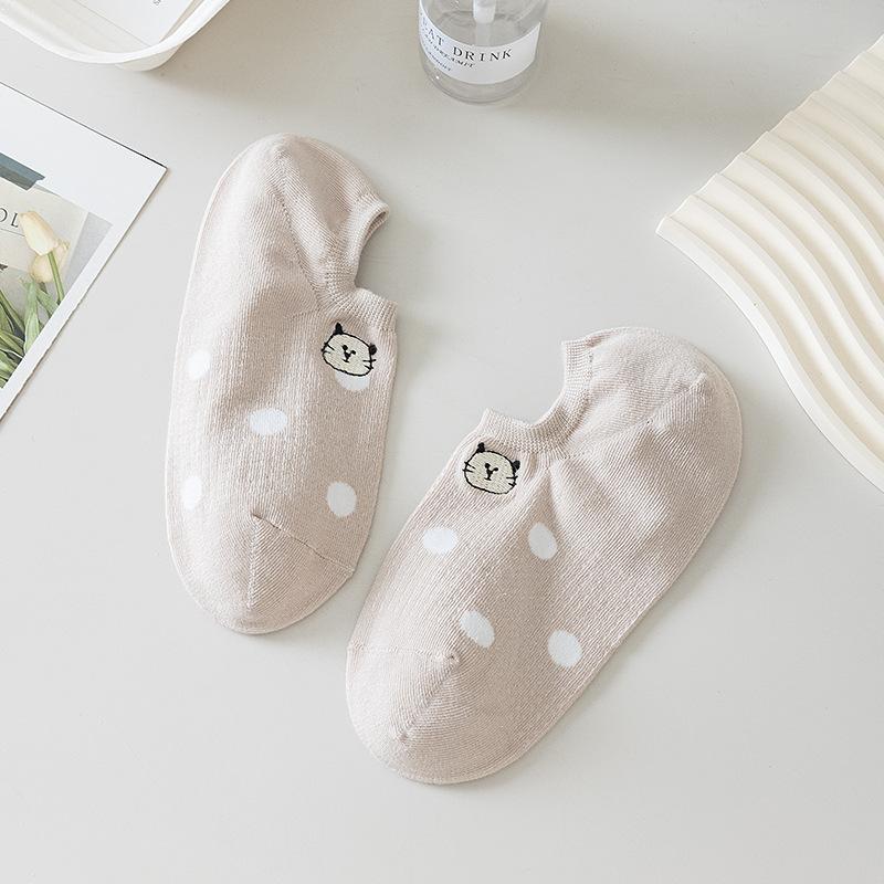 Women's Summer Thin Polka Dot Embroidered Kittens with Shallow Mouth Non Slip Invisible Boneless Boat Socks