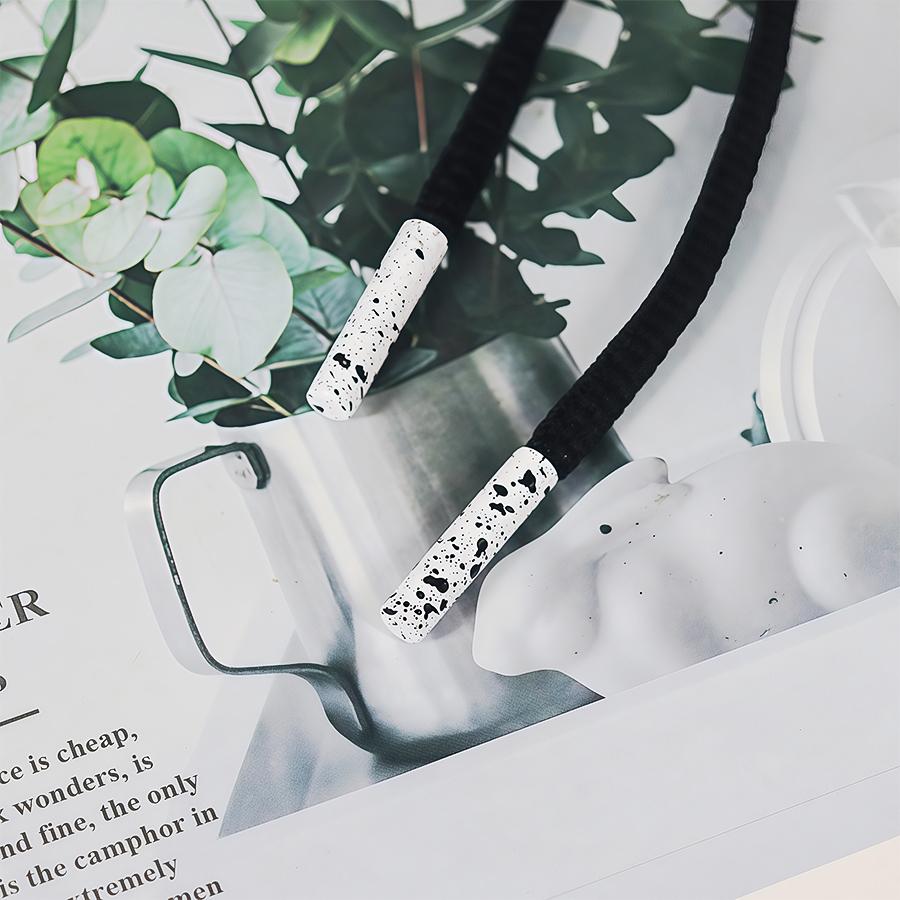 Flat Top Bell Shape Metal Aglet, White Electroplating With Black Dots, Shoelace Cord End Tip Decoration, Custom OEM Service