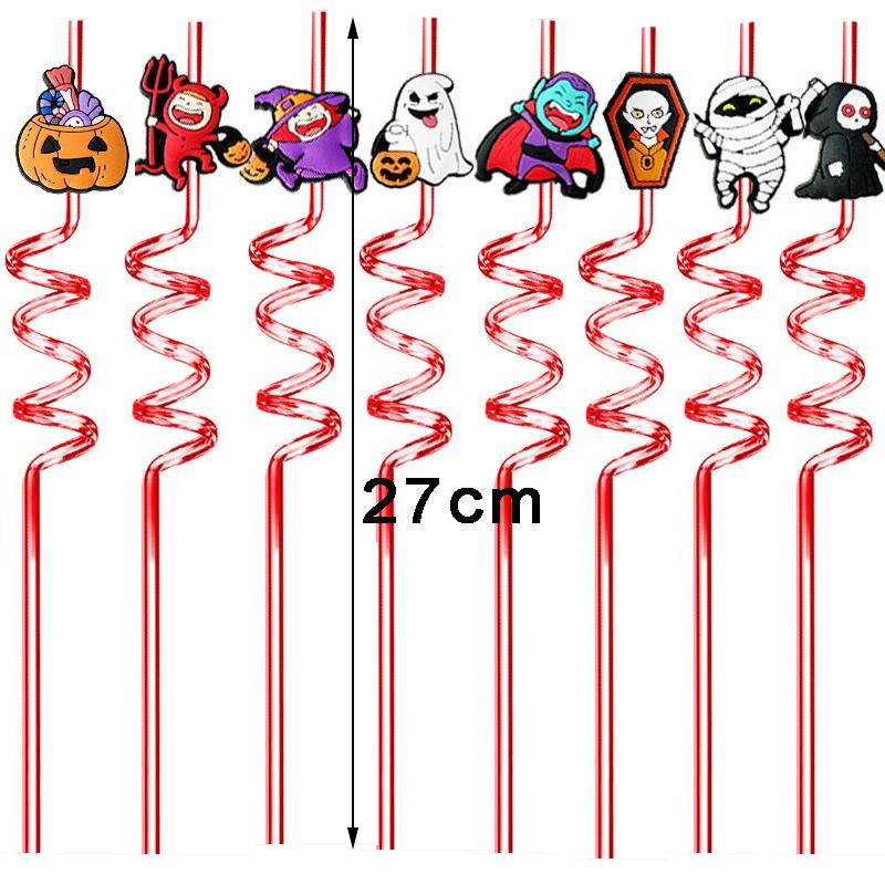 8pcs 27cm Plastic Halloween Straw Reusable Miner Plastic Spiral Drinking Straws Kids Birthday Party Decorations Juice Straws
