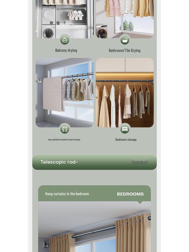 Retractable Stainless Steel Clothesline & Shower Curtain Rod Combo for Balcony and Bathroom