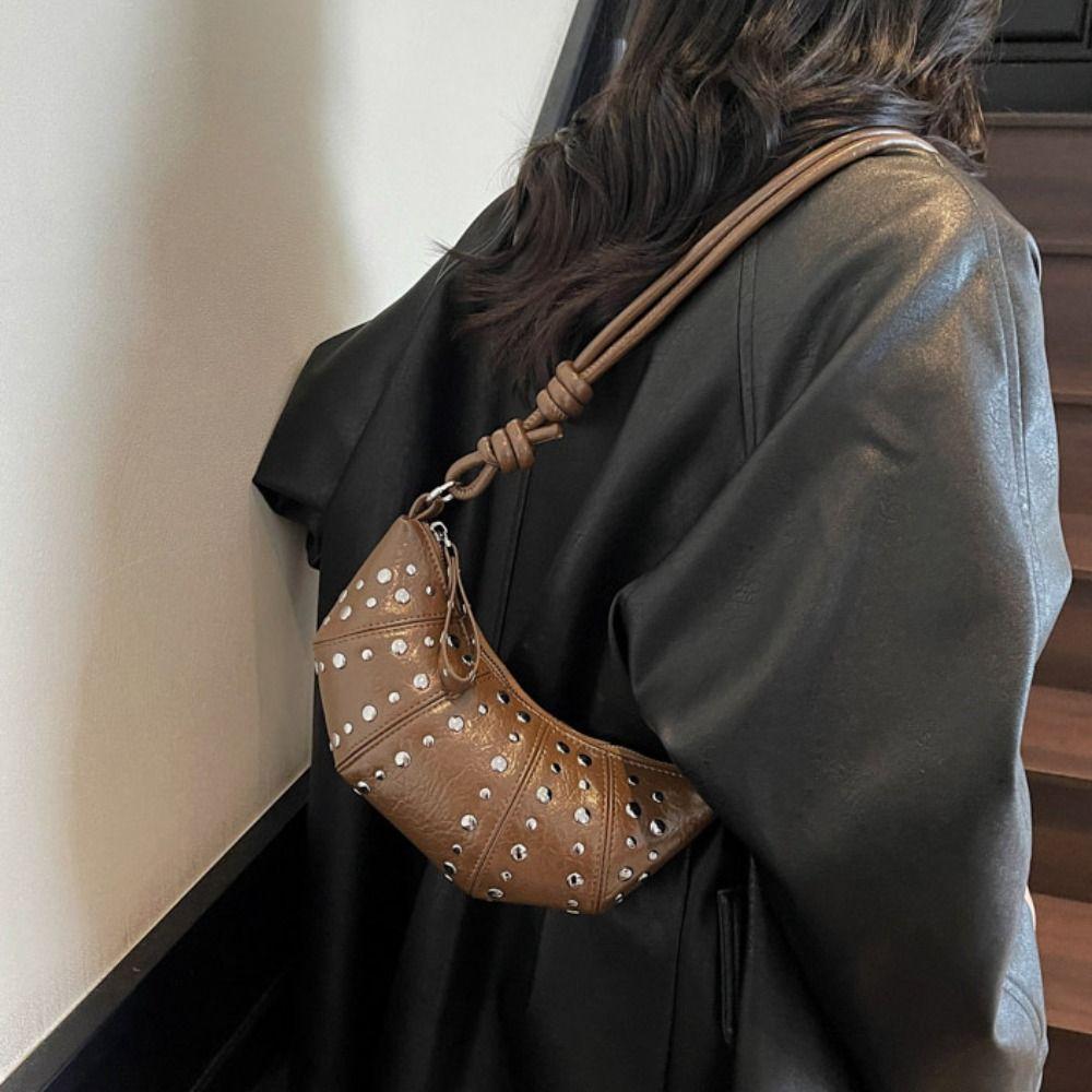 Crossbody Bag Rivets PU Dumplings Bag Small Pack Punk Style Handbags Croissant Shoulder Bag  Lady
