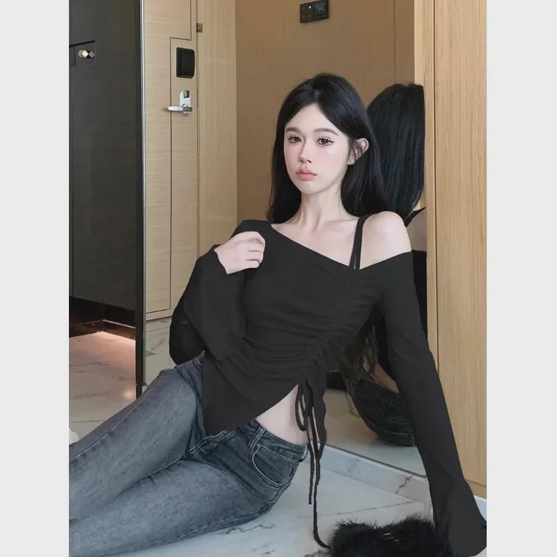 Dámská halenka s odhalenými rameny, stahovací šňůrkou, slim fit a dlouhým rukávem