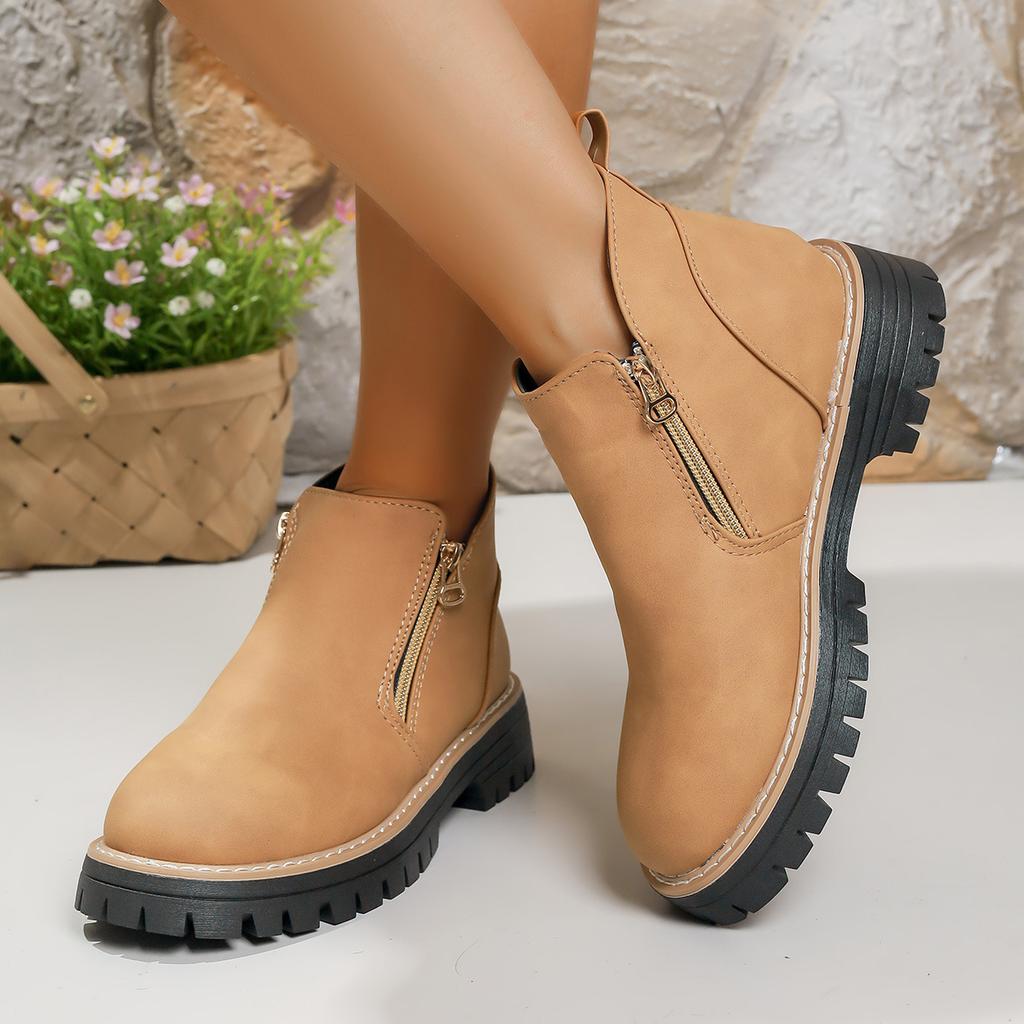 Women's Wide Width Round Toe Ankle Boots, Side Zipper Chunky Heel Martin Boots, Autumn Winter Short Boots for Women