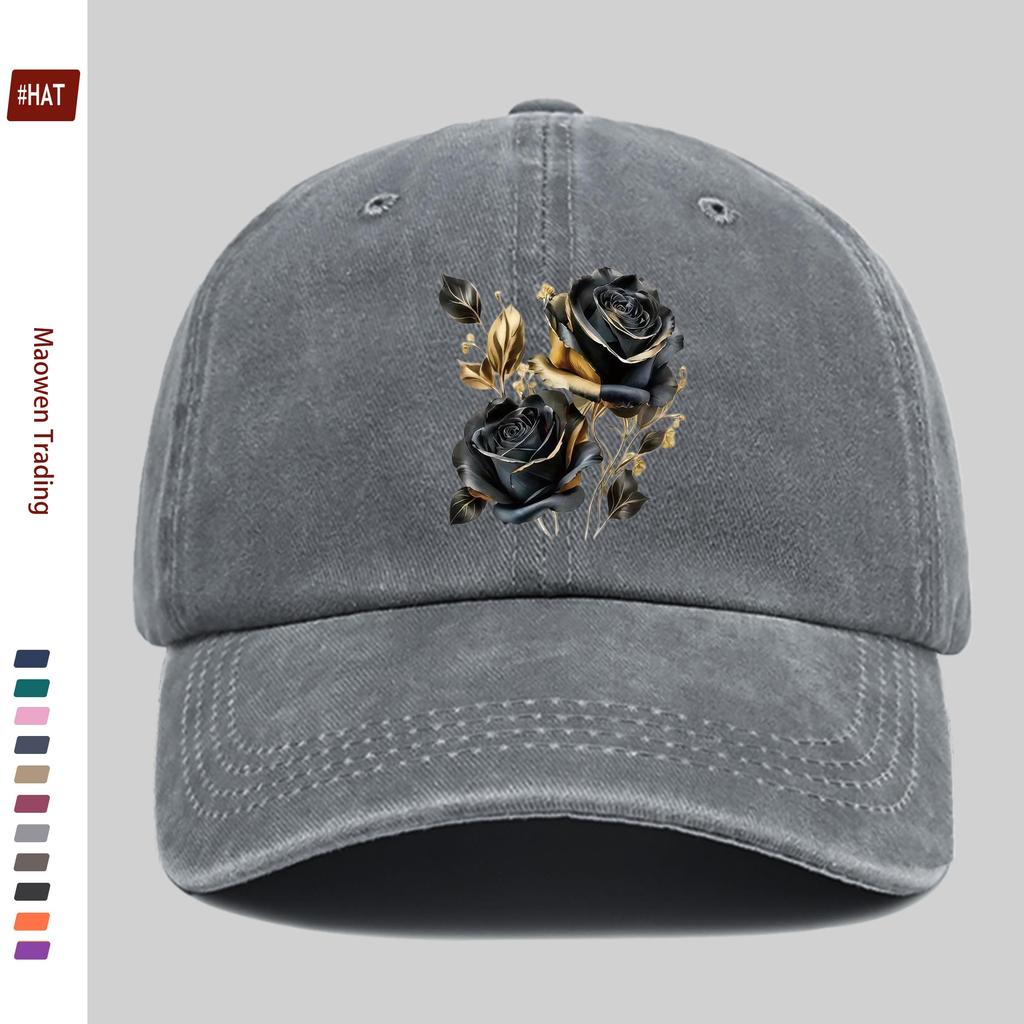 pc Black Rose Golden Leaf Pattern Print Baseball Cap Casual Style Decorative Hat Comfortable and Lightweight Sun Hat with Adj