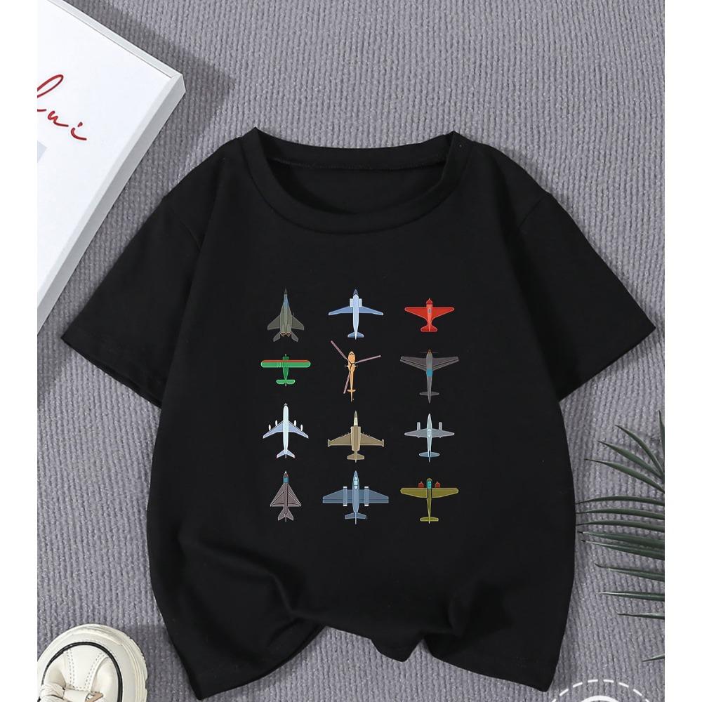 Young Boy Toy Airplane Print Fashionable Casual T-shirt Soft Comfortable Summer Kid Round Neck Short Sleeve T-shirt Clothing