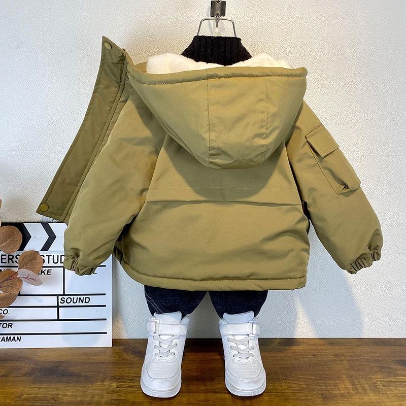 Winter Kinderkleidung Warm halten Baumwolle Verdicken Mäntel Jungen Plüsch Warme Jacke Mit Kapuze Kinder Reißverschluss Mit Kapuze Lässige Oberbekleidung Plus Samtjacken