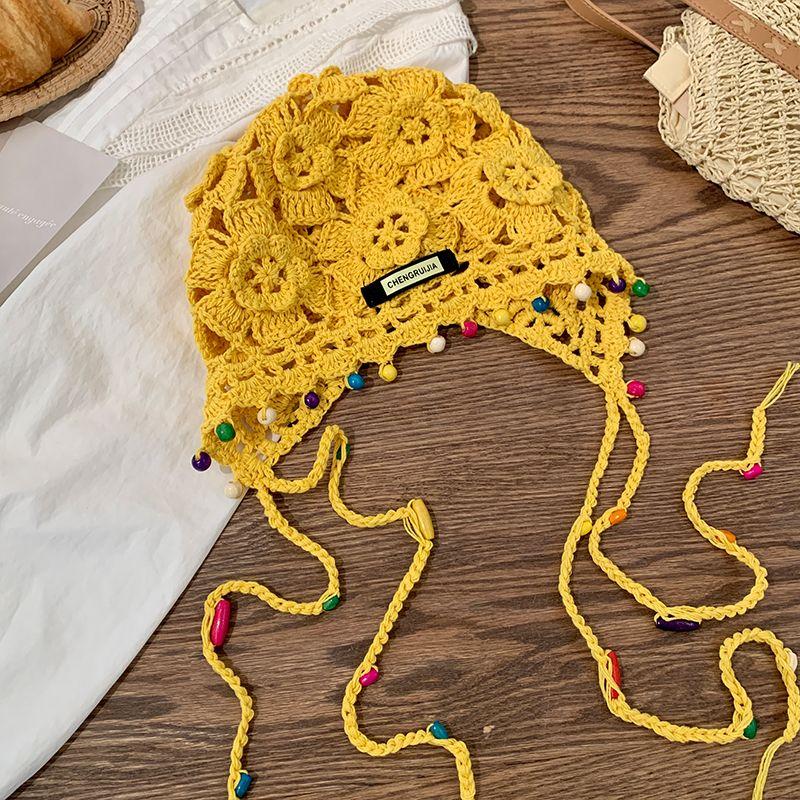 Bohemian Floral Tassel Woven Head Wrap Hat Women's Retro Hollow Ethnic Style Slouchy Hat Hand-Knit Cap