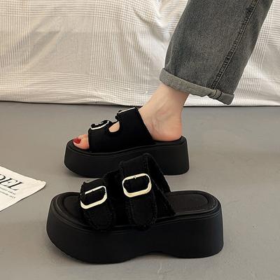 Foreign Trade Women's Shoes Denim Canvas Platform Slippers Women Wear New Versatile Casual High-heeled Open-toed Cool Slippers In Spring and Summer