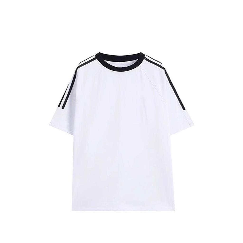 Mens Summer Updated Versatile Heavy Three-bar Striped Short-sleeved T-shirt for Mens American Comfortable Fit Mens Top
