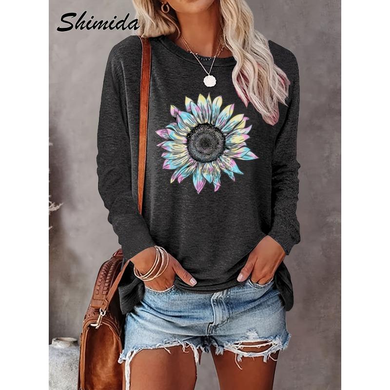 Sunflower print simple long-sleeved T-shirt