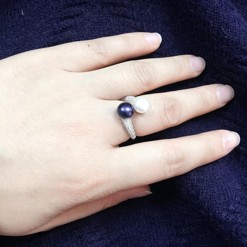 Double Pearl Rings Women Daughter Gift Bridal Black Pearl Ring