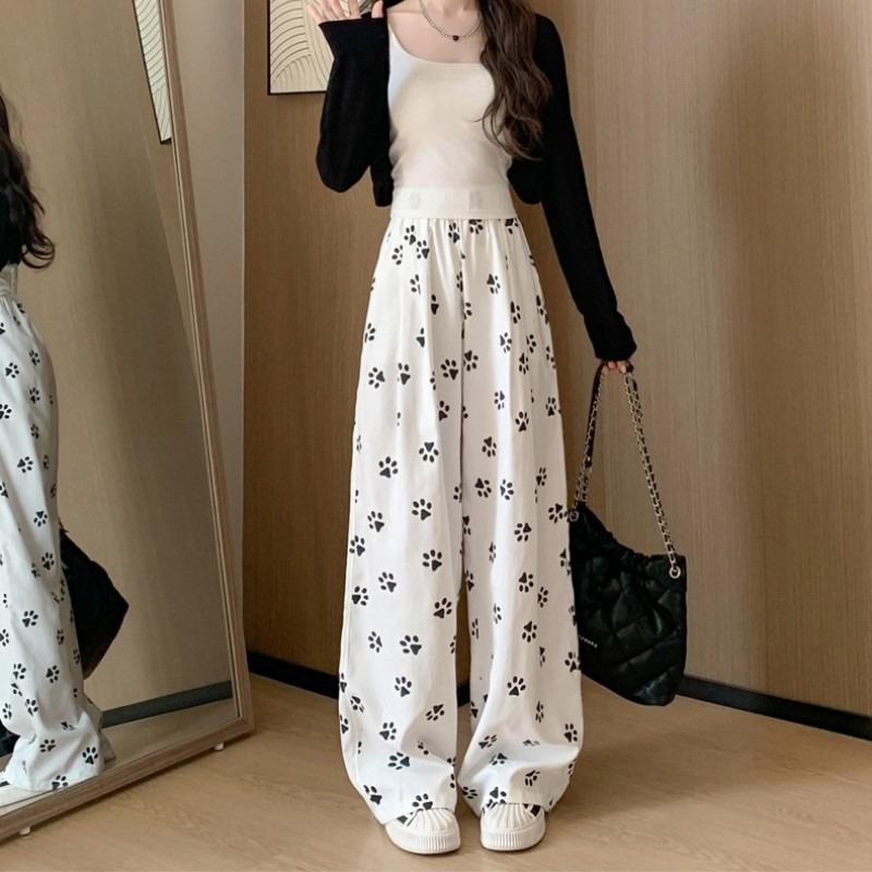 Lazy Wind Dog Footprint Yamamoto Pants Women's Spring and Summer Loose Casual Straight High Waist White Wide Leg Pants