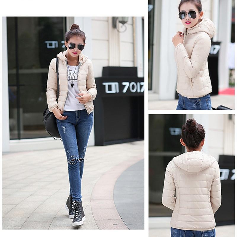 Women Ultra Light Hooded Duck Down Jacket Long Sleeve Pure Color Slim Short Zipper Coats