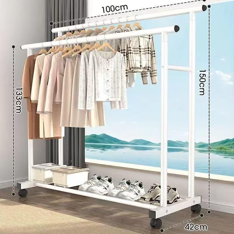 Sturdy Double Bar Wardrobe Rack for Dorms: Floor-Standing, Dual-Layer Clothes & Hat Hanger for Bedrooms and Balconies.