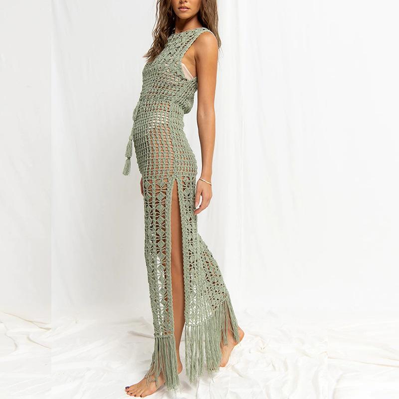 Women's Round Neck Sleeveless Crochet Maxi Dress Loose Fit High Waist Casual Beach Cover Up