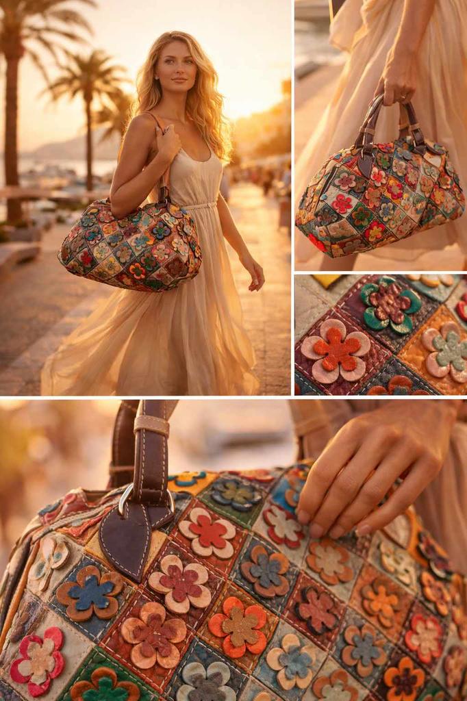 Women's Patchwork Bag with 3D Flowers
