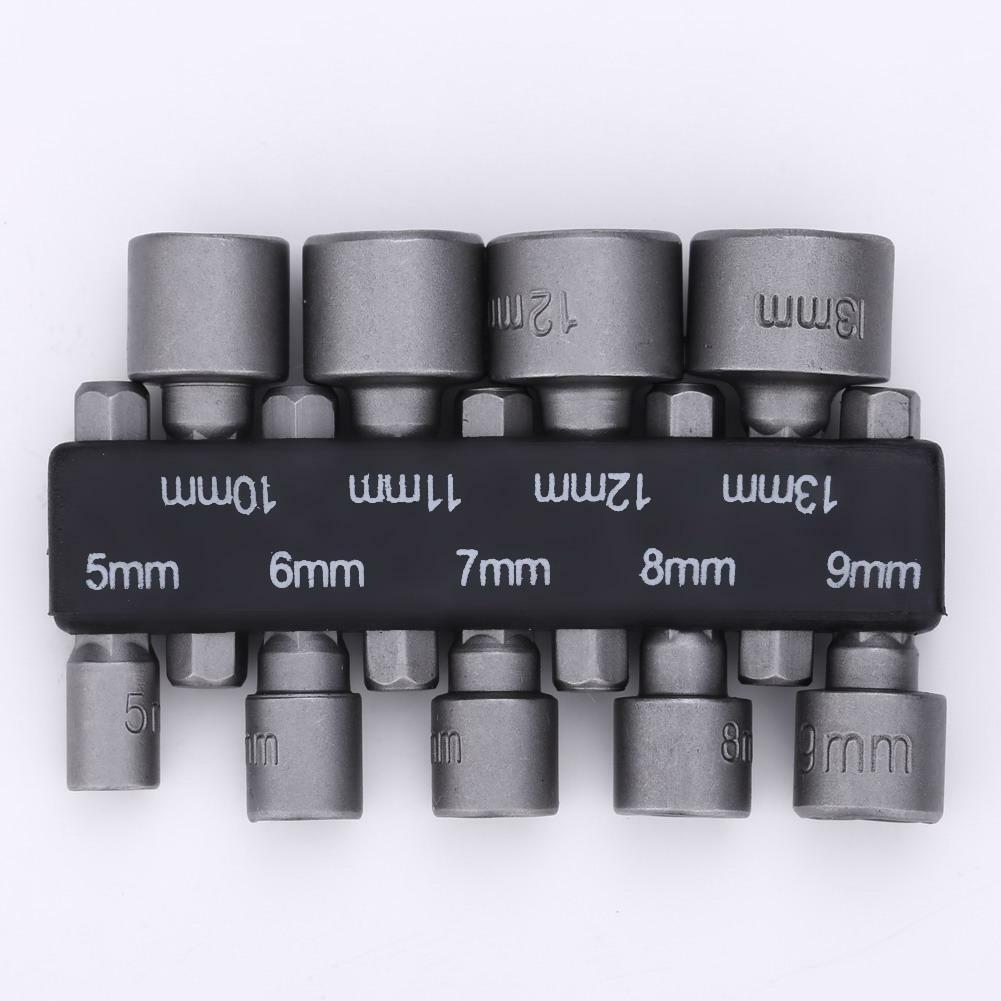 9Pcs 5-13mm 1/4 Inch Nut Driver Socket Adapter Metric Socket Impact Drill Bits