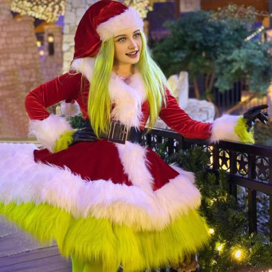 Christmas Dress for Women 2 Pcs Mrs. Claus Outfits And Hat Set Velvet Furry Santa Claus Costume for Xmas Holiday Party Cosplay