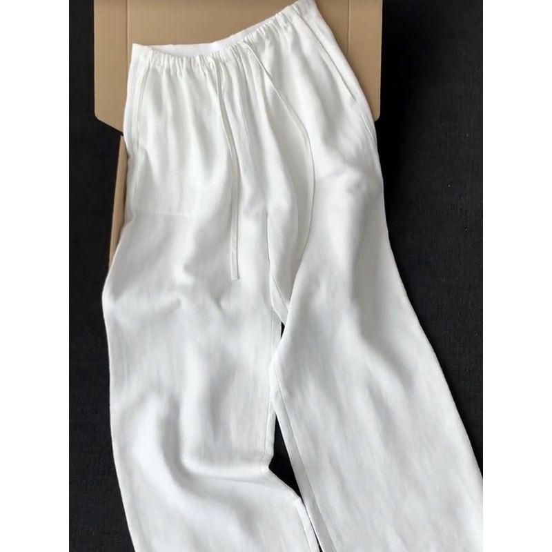 Hangzhou Purpleflower Holly Leaf Classy Best Selling ~ White Linen Matchet Pants Women's Summer Drawstring High Waist Casual Wide-Leg Trousers