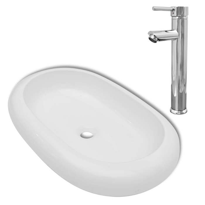VidaXL Bathroom Sink with Mixer Tap Ceramic Oval White Faucet Basin 275496