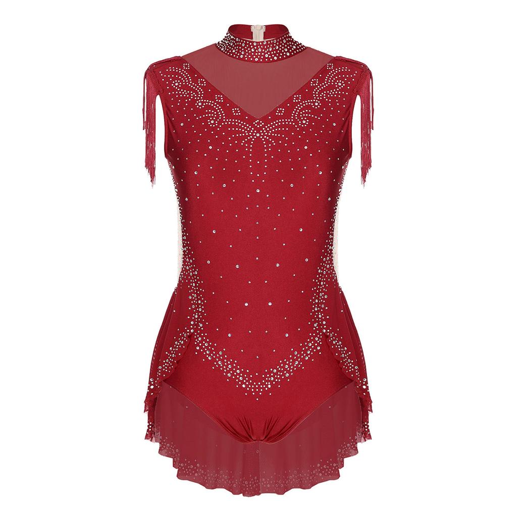 Girls Sparkling Rhinestones Dance Leotard Mock Neck Sleeveless Invisible Zipper Back Sheer Mesh Skirted Bodysuit