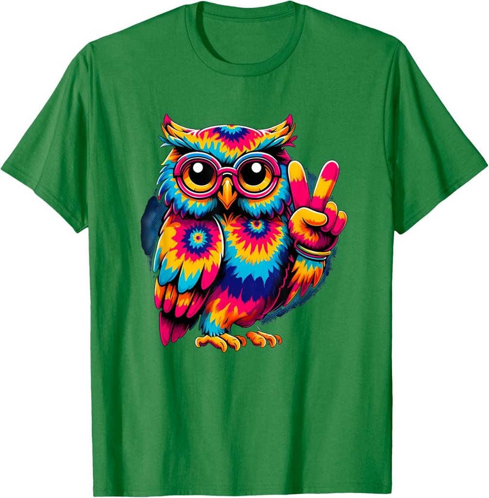 Tie Dye Peace Sign Owl Graphic Tee Men's Casual Breathable Cotton T-Shirt Trip Wear