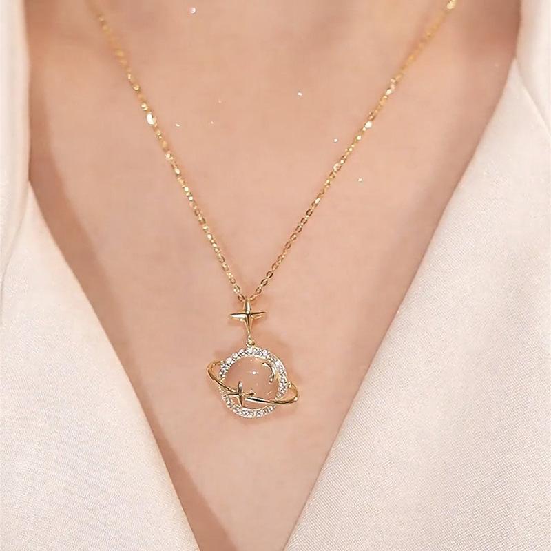 2024new Planet Opal Pendant Necklace Chain Stainless Steel Geometric Chokers Necklaces Women's Simple Wholesale