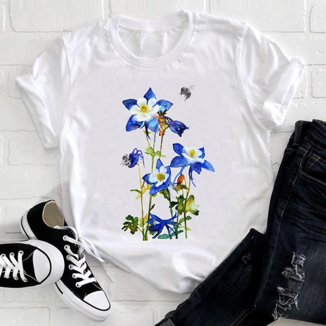 Casual Flowers Forest Graphic Women's T-Shirt Summer Blouse Loose 90S Short Sleeve O-Neck Tees Ladies White Tops Female Clothing