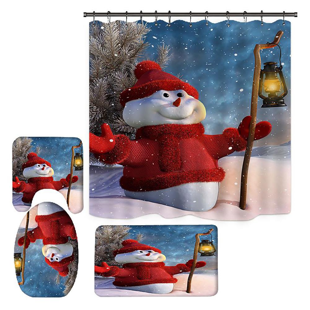 Merry Christmas Bathroom 4Pcs Set Snowman Santa Claus Pattern Waterproof Shower Curtain Toilet Cover Mat Non Slip Rug Home Decor