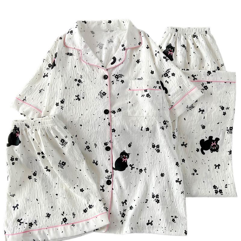 Light Luxury High-Value Black Cat Small Floral Wind Cloud Cotton Fashion Pajamas Short-Sleeved Three-Piece Loungewear