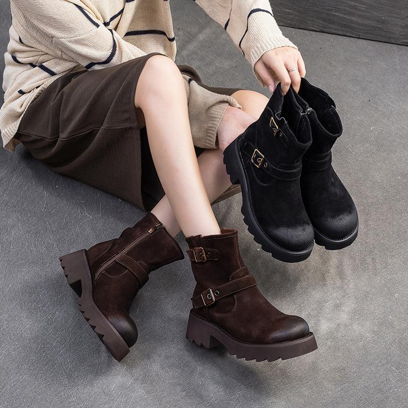 Fashion GKTINOO Genuine Leather Thick Heeled Thick Soled Short Boots Women 2025 Winter New Round Toe Retro Platform Shoes Ankle Boots