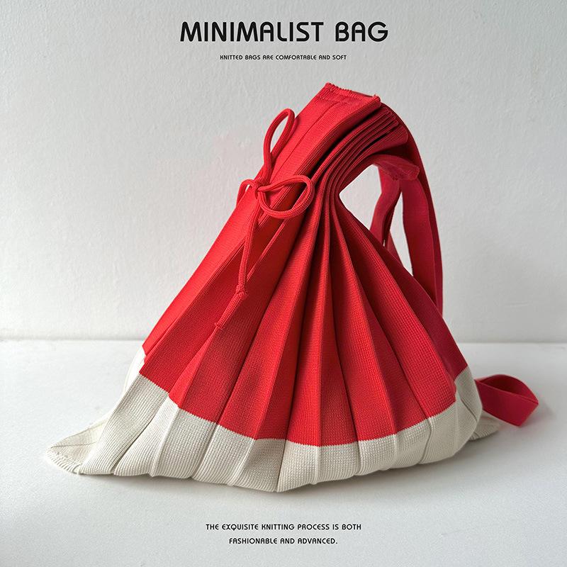 New Knitted Pleats Tote Bag Designer Chic Stitching Contrast Korean Retro Fashion Women Shoulder Shopper Handbag Foldable