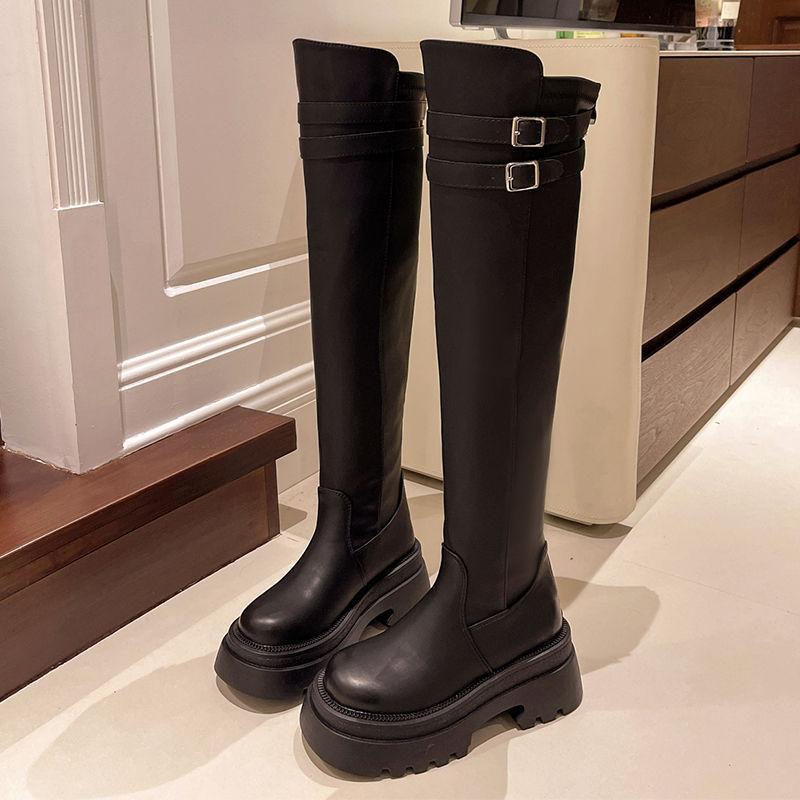 Black over-knee skinny boots women's autumn and winter new British thick heel platform boots belt buckle temperament women's boots