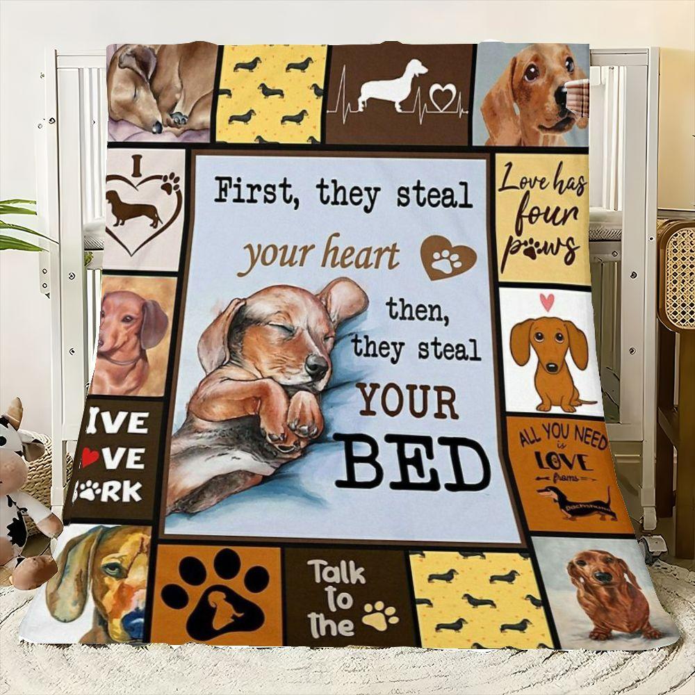 Dachshund Lovers Cozy Blanket - Adorable Collage of Dachshund Illustrations with Heartwarming Quotes and Paws Design - Perfect f Size: 75*100cm, Weight: 230 GSM