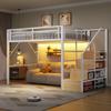 Loft Bed, 140 X 200 Cm, Iron Frame, with LED Light Strip, Staircase Constructions with Storage Space, Free Space for Cladding, Without Mattress, White